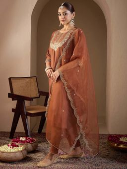 Indo Era - Rust Embroidered Kurta with Pant and Dupatta