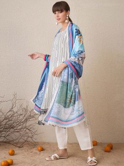 Indo Era - White Printed Kurta with Pant and Dupatta