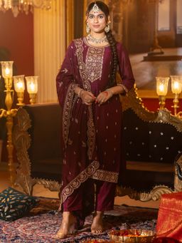 Indo Era - Maroon Embroidered Kurta with Pant and Dupatta