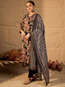 Indo Era - Black Floral Kurta with Pant and Dupatta