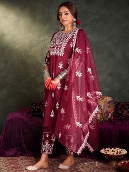 Indo Era - Maroon Embroidered Kurta with Pant and Dupatta