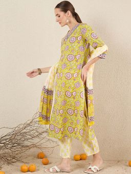 Indo Era - Yellow Floral Kurta with Pant and Dupatta