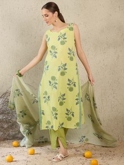 Indo Era - Green Floral Kurta with Pant and Dupatta