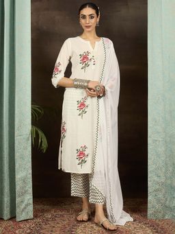 Indo Era - White Floral Kurta with Pant and Dupatta