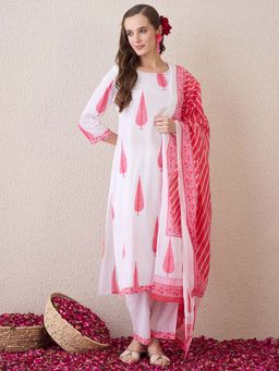 Indo Era - White Printed Kurta with Pant and Dupatta