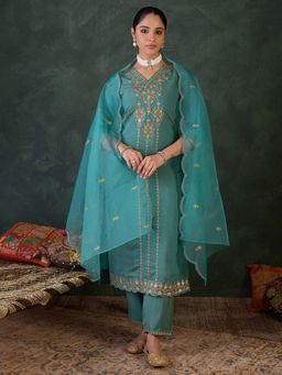 Indo Era - Blue Embroidered Kurta with Pant and Dupatta