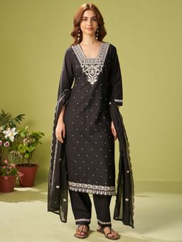 Indo Era - Black Embroidered Kurta with Pant and Dupatta