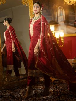 Indo Era - Maroon Embroidered Kurta with Pant and Dupatta