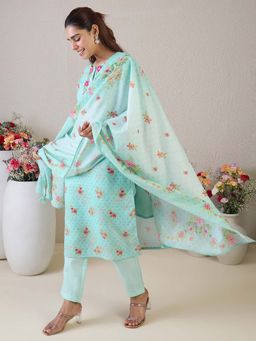 Indo Era - Teal Floral Kurta with Pant and Dupatta