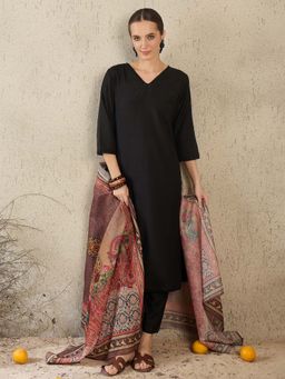 Indo Era - Black Solid Kurta with Pant and Dupatta