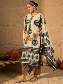 Indo Era - Beige Printed Kurta with Pant and Dupatta