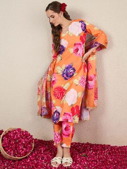 Indo Era - Orange Floral Kurta with Pant and Dupatta