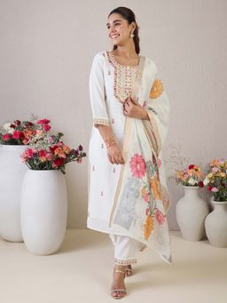 Indo Era - White Floral Kurta with Pant and Dupatta
