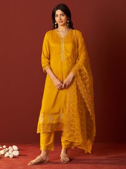 Indo Era - Mustard Embroidered Kurta with Pant and Dupatta