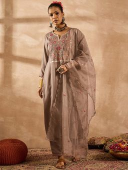 Indo Era - Brown Floral Kurta with Pant and Dupatta
