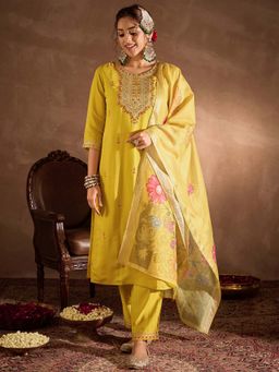Indo Era - Yellow Floral Kurta with Pant and Dupatta