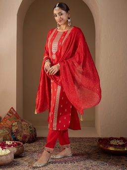 Indo Era - Red Embroidered Kurta with Pant and Dupatta