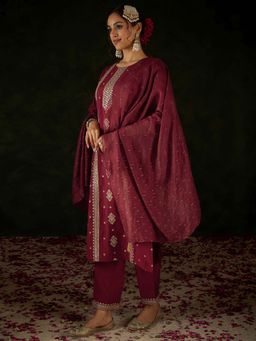 Indo Era - Maroon Embroidered Kurta with Pant and Dupatta
