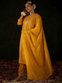 Indo Era - Mustard Embroidered Kurta with Pant and Dupatta