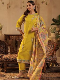Indo Era - Yellow Floral Kurta with Pant and Dupatta