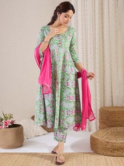 Indo Era - Green Floral Kurta with Pant and Dupatta