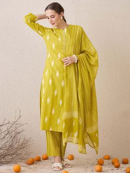 Indo Era - Yellow Printed Kurta with Pant and Dupatta