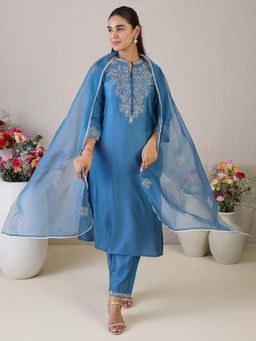 Indo Era - Blue Floral Kurta with Pant and Dupatta