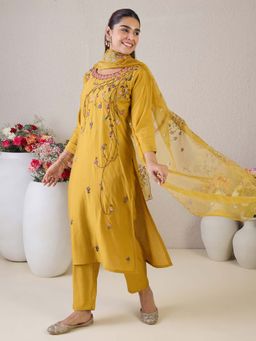 Indo Era - Mustard Floral Kurta with Pant and Dupatta