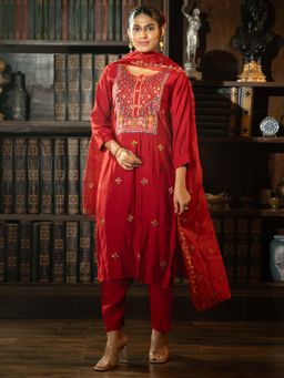 Indo Era - Red Floral Kurta with Pant and Dupatta