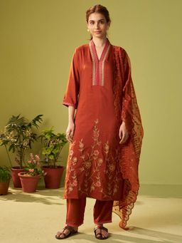 Indo Era - Rust Floral Kurta with Pant and Dupatta