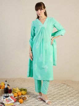 Indo Era - Blue Floral Kurta with Pant and Dupatta
