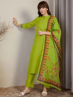 Indo Era - Green Floral Kurta with Pant and Dupatta