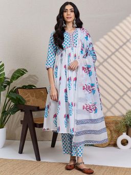 Indo Era - White Floral Kurta with Pant and Dupatta