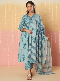 Indo Era - Blue Floral Kurta with Pant and Dupatta