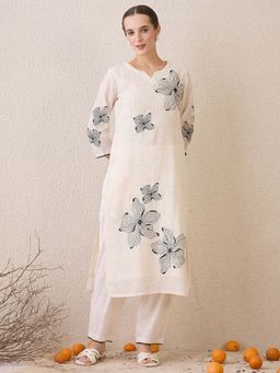 Indo Era - Cream Floral Kurta with Pant and Dupatta