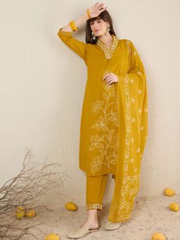 Indo Era - Yellow Floral Kurta with Pant and Dupatta