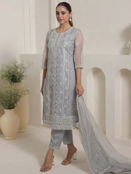 Indo Era - Grey Embroidered Kurta with Pant and Dupatta