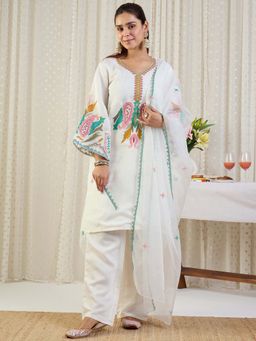 Indo Era - Cream Embroidered Kurta with Palazzo and Dupatta