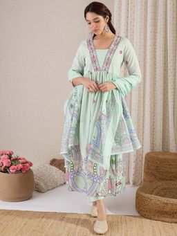Indo Era - Green Floral Kurta with Pant and Dupatta