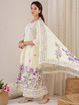 Indo Era - Cream Floral Kurta with Pant and Dupatta