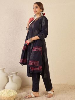 Indo Era - Black Printed Kurta with Pant and Dupatta