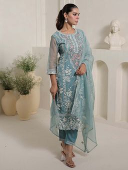Indo Era - Blue Floral Kurta with Pant and Dupatta