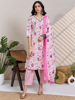 Indo Era - Cream Floral Kurta with Pant and Dupatta