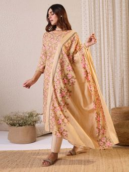 Indo Era - Beige Floral Kurta with Pant and Dupatta