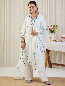 Indo Era - Cream Floral Kurta with Pant and Dupatta