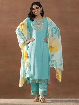 Libas - Women's Turquoise Floral Kurta with Pant and Dupatta (Set of 3)