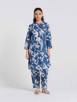 Rustorange - Women's Blue Printed Kurta with Pant (Set of 2)
