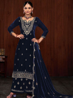 Odette - Dark Blue Embroidered Semi-Stitched Kurta with Bottom and Dupatta (Set of 3)
