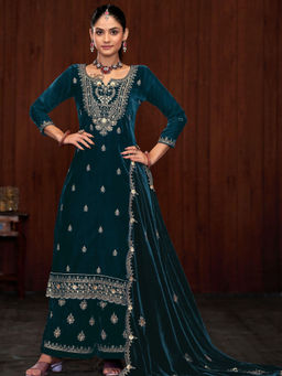 Odette - Teal Embroidered Semi-Stitched Kurta with Bottom and Dupatta (Set of 3)