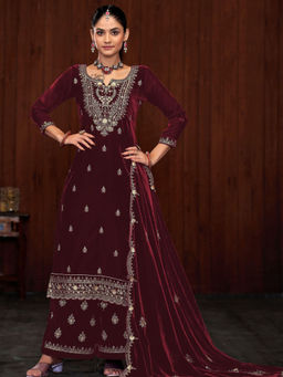 Odette - Maroon Embroidered Semi-Stitched Kurta with Bottom and Dupatta (Set of 3)